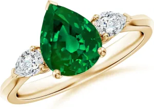 Angara Lab Grown Pear shape Emerald Three Stone Engagement Ring in 14K Solid Gold/Platinum | May Birthstone, Birthday, Anniversary, Wedding Jewelry Gift for Women