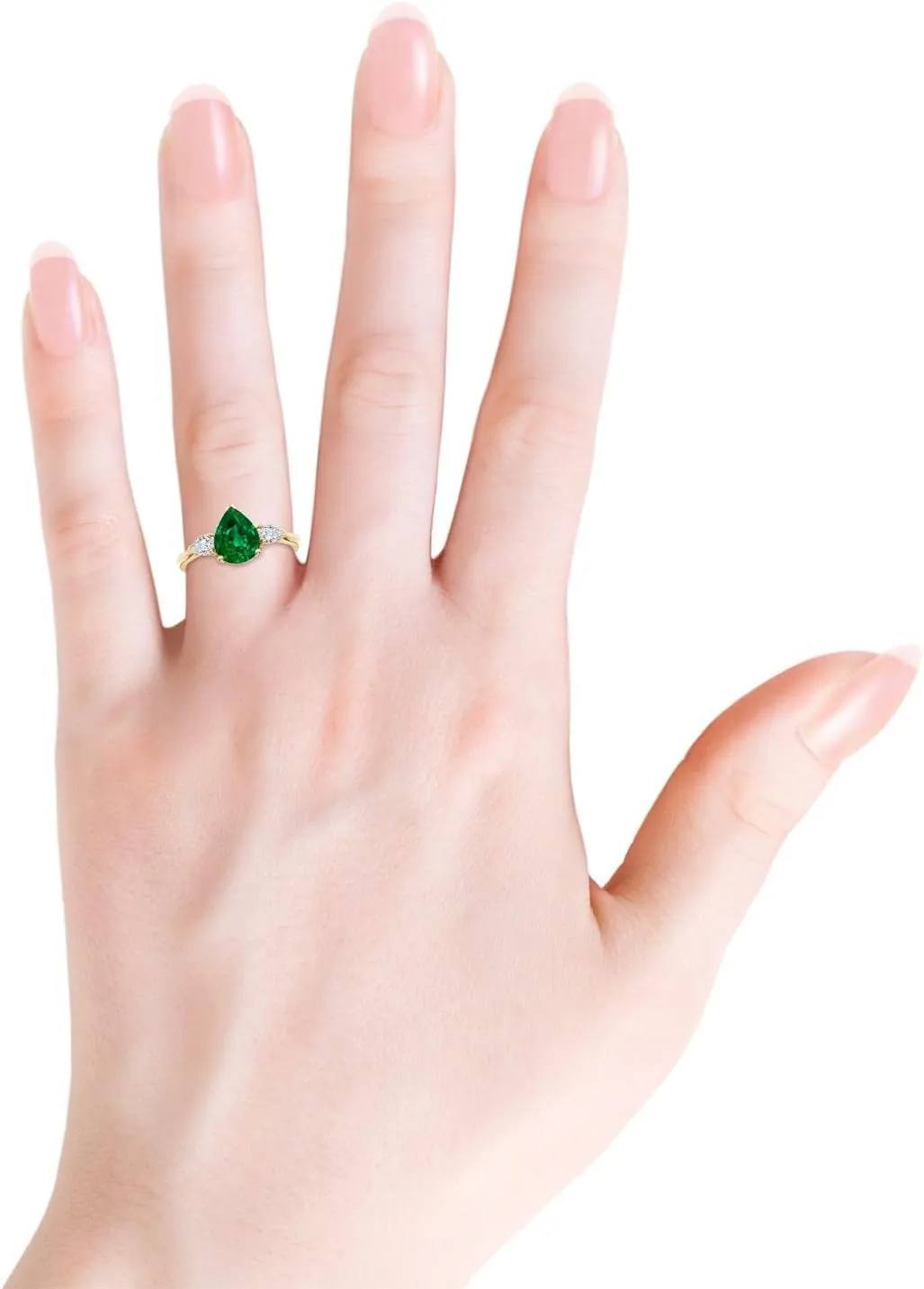 Angara Lab Grown Pear shape Emerald Three Stone Engagement Ring in 14K Solid Gold/Platinum | May Birthstone, Birthday, Anniversary, Wedding Jewelry Gift for Women