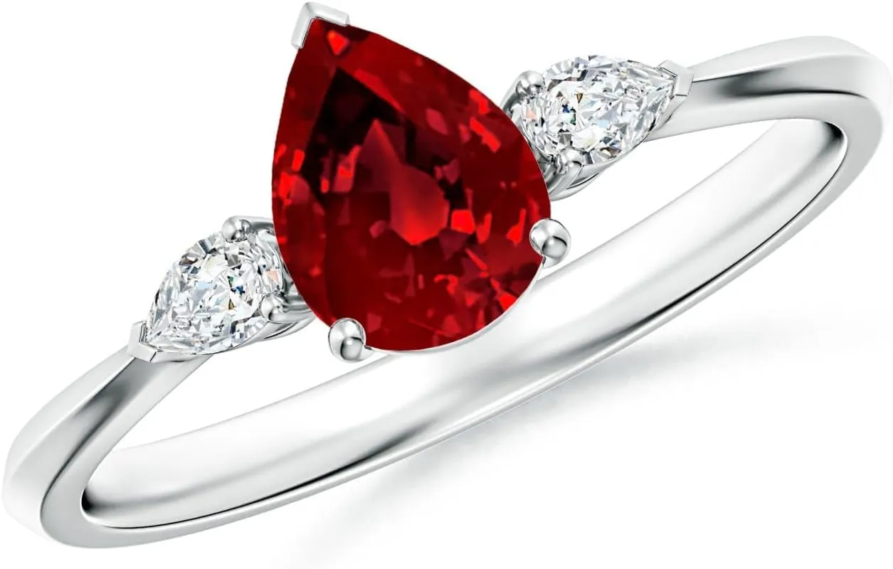 Angara Lab Grown Pear shape Ruby Three Stone Engagement Ring in 14K Solid Gold/Platinum | July Birthstone, Birthday, Anniversary, Wedding Jewelry Gift for Women