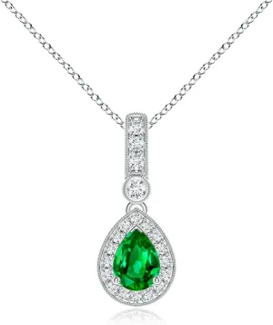 Angara Lab Grown Pear-Shaped Emerald and pave Diamond Halo Pendant in 14K Solid Gold/Platinum | May Birthstone, Birthday, Engagement, Anniversary, Wedding Jewelry Gift for Women