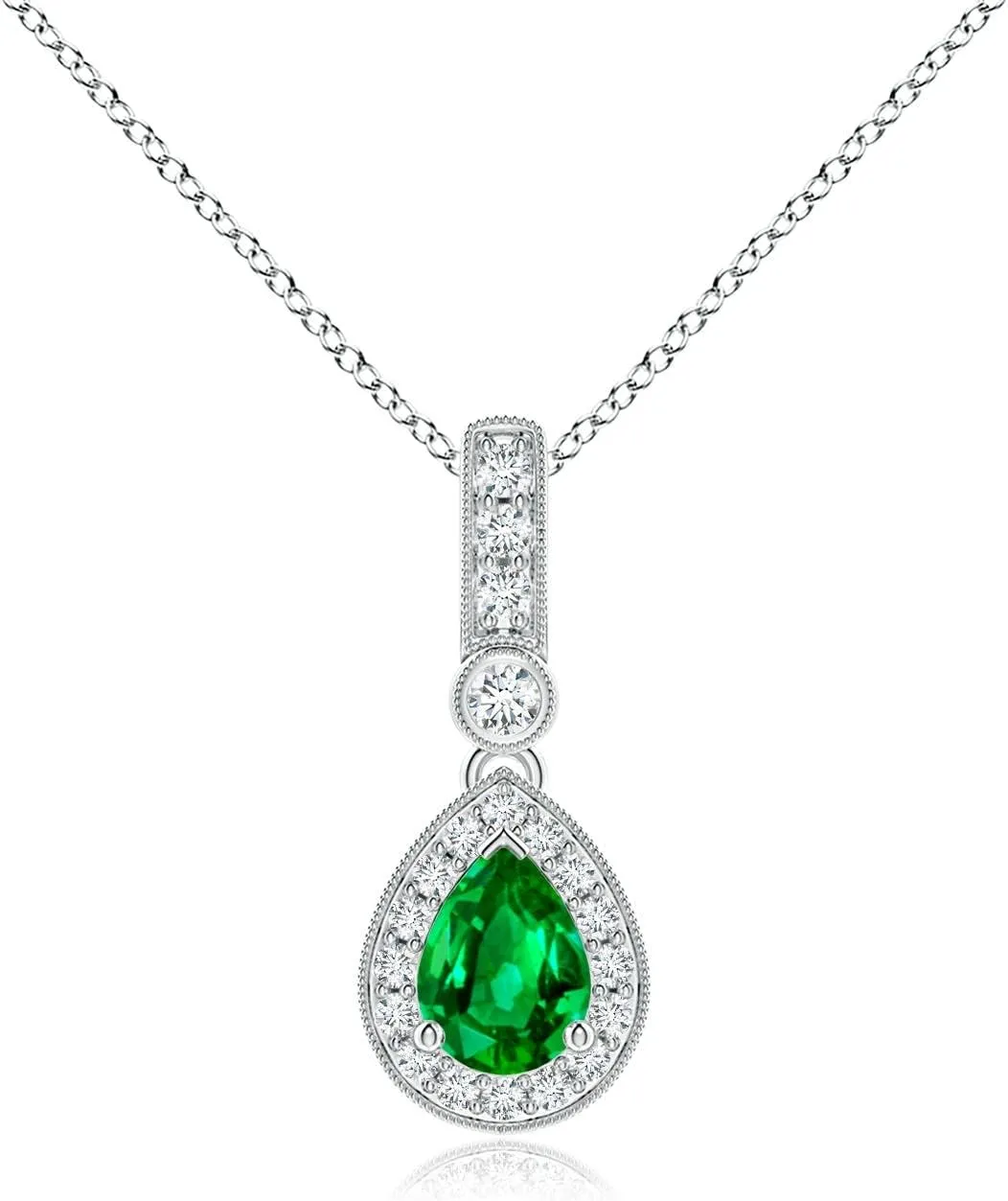 Angara Lab Grown Pear-Shaped Emerald and pave Diamond Halo Pendant in 14K Solid Gold/Platinum | May Birthstone, Birthday, Engagement, Anniversary, Wedding Jewelry Gift for Women