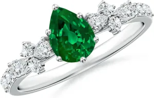 Angara Lab Grown Pear-Shaped Emerald Side Stone Engagement Ring with Accents in 14K Solid Gold/Platinum | May Birthstone, Birthday, Anniversary, Wedding Jewelry Gift for Women