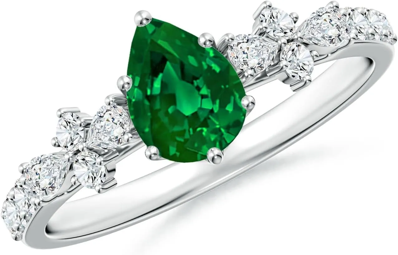 Angara Lab Grown Pear-Shaped Emerald Side Stone Engagement Ring with Accents in 14K Solid Gold/Platinum | May Birthstone, Birthday, Anniversary, Wedding Jewelry Gift for Women