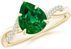 Angara Lab Grown Pear-Shaped Emerald Twisted Shank Engagement Ring in 14K Solid Gold/Platinum | May Birthstone, Birthday, Anniversary, Wedding Jewelry Gift for Women