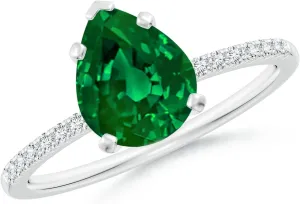 Angara Lab Grown Peg Head Pear Emerald Classic Engagement Ring in 14K Solid Gold/Platinum | May Birthstone, Birthday, Anniversary, Wedding Jewelry Gift for Women