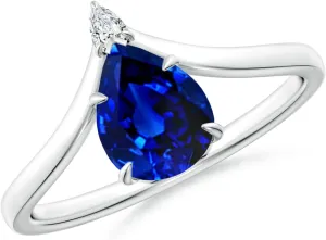 Angara Lab Grown Prong-Set Pear Blue Sapphire Chevron Engagement Ring in 14K Solid Gold/Platinum | September Birthstone, Birthday, Anniversary, Wedding Jewelry Gift for Women