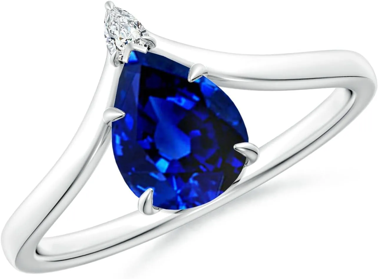 Angara Lab Grown Prong-Set Pear Blue Sapphire Chevron Engagement Ring in 14K Solid Gold/Platinum | September Birthstone, Birthday, Anniversary, Wedding Jewelry Gift for Women