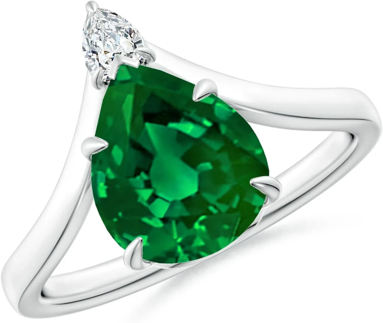 Angara Lab Grown Prong-Set Pear Emerald Chevron Engagement Ring in 14K Solid Gold/Platinum | May Birthstone, Birthday, Anniversary, Wedding Jewelry Gift for Women