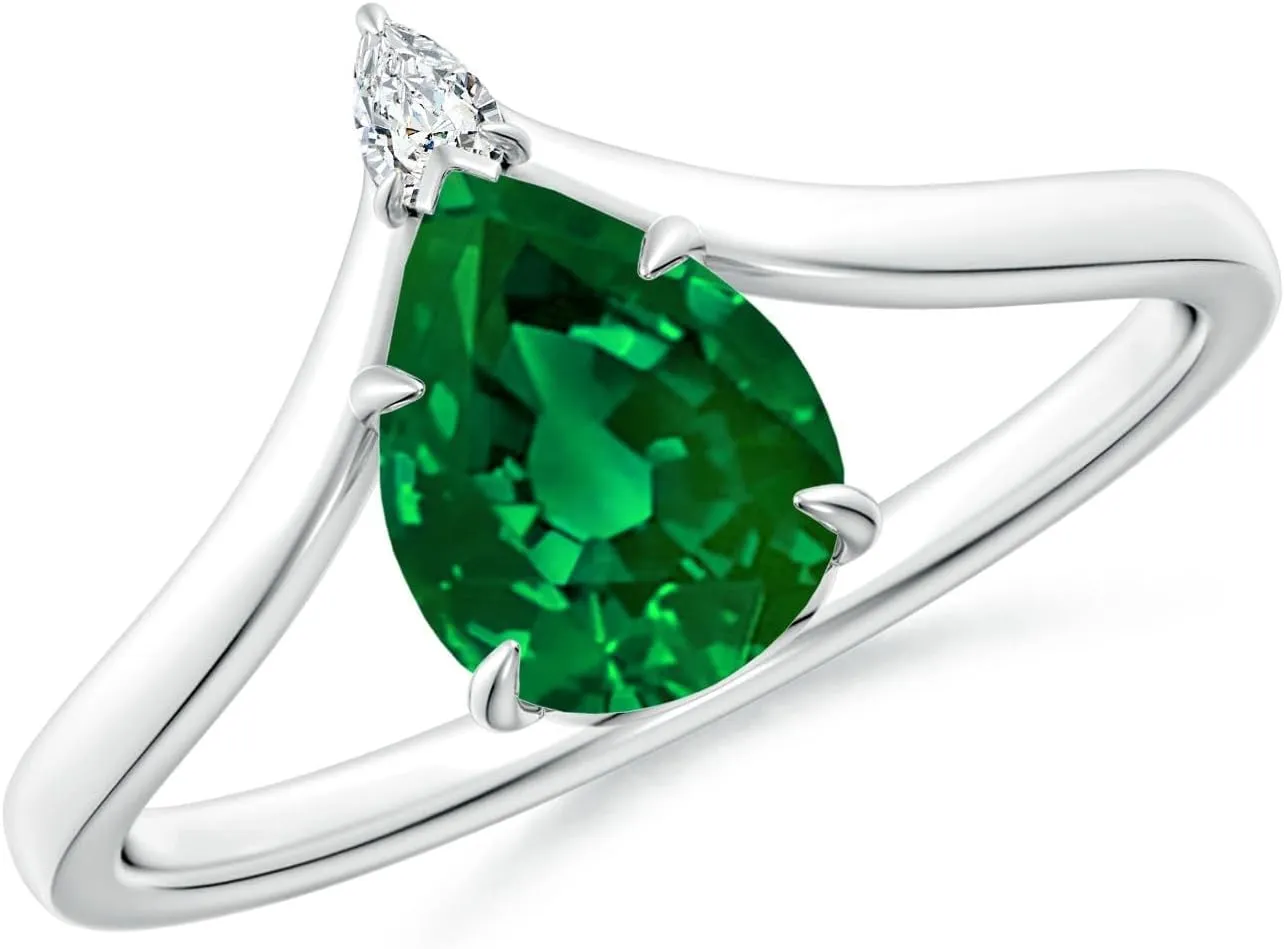 Angara Lab Grown Prong-Set Pear Emerald Chevron Engagement Ring in 14K Solid Gold/Platinum | May Birthstone, Birthday, Anniversary, Wedding Jewelry Gift for Women