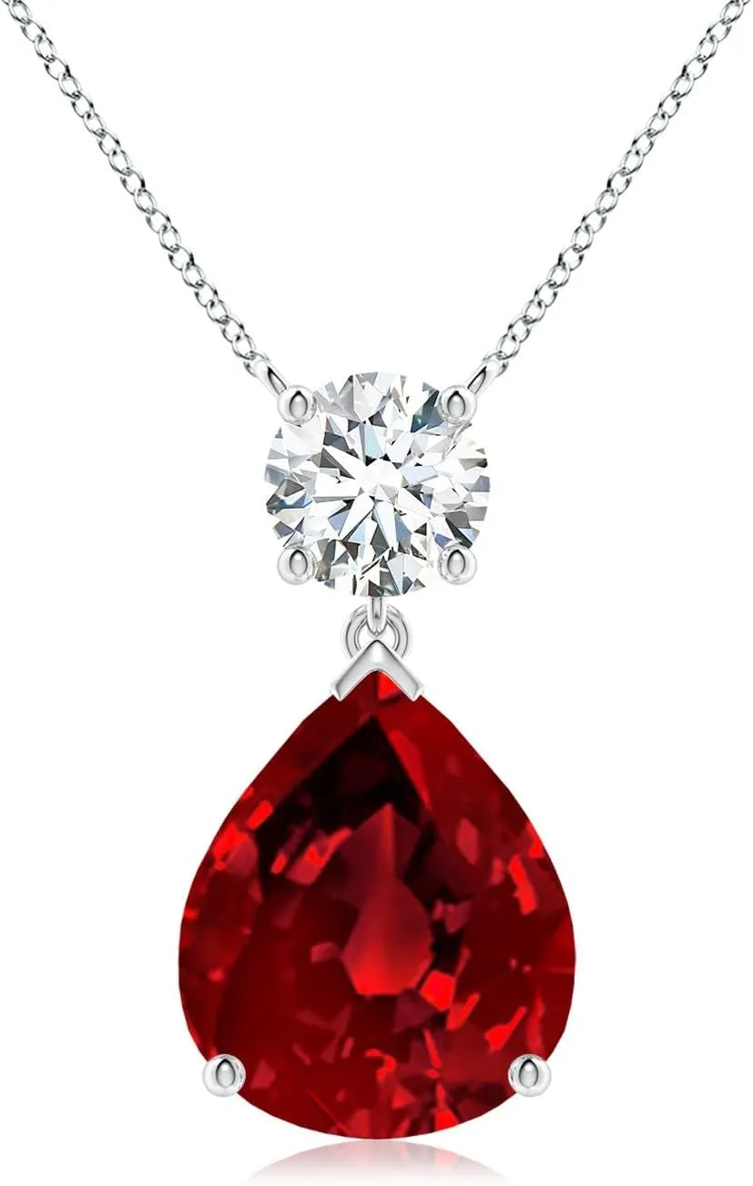 Angara Lab Grown Solitaire Pear Ruby Drop Pendant with Lab Diamond Accent in 14K Solid Gold/Platinum | July Birthstone, Birthday, Engagement, Anniversary, Wedding Jewelry Gift for Women