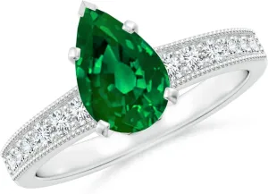 Angara Lab Grown Vintage Style Pear-Shaped Emerald Engagement Ring with Accents in 14K Solid Gold/Platinum | May Birthstone, Birthday, Anniversary, Wedding Jewelry Gift for Women