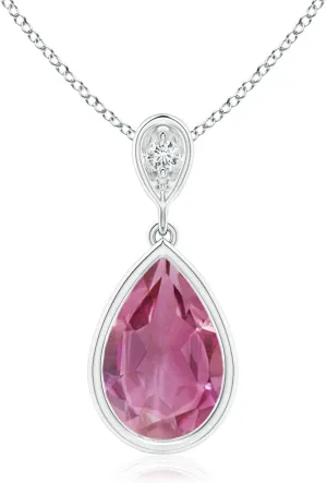 Angara Natural Bezel-Set Pink Tourmaline Teardrop Pendant with Diamond in Silver / 14K Solid Gold/Platinum | Birthday, Engagement, Anniversary, Wedding Jewelry Gift for Women