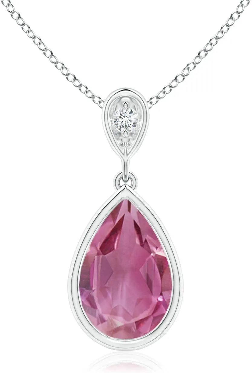 Angara Natural Bezel-Set Pink Tourmaline Teardrop Pendant with Diamond in Silver / 14K Solid Gold/Platinum | Birthday, Engagement, Anniversary, Wedding Jewelry Gift for Women