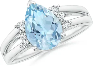 Angara Natural Pear Aquamarine Ring with Triple Diamond Accents in 14K Solid Gold/Platinum | March Birthstone, Birthday, Engagement, Anniversary, Wedding Jewelry Gift for Women