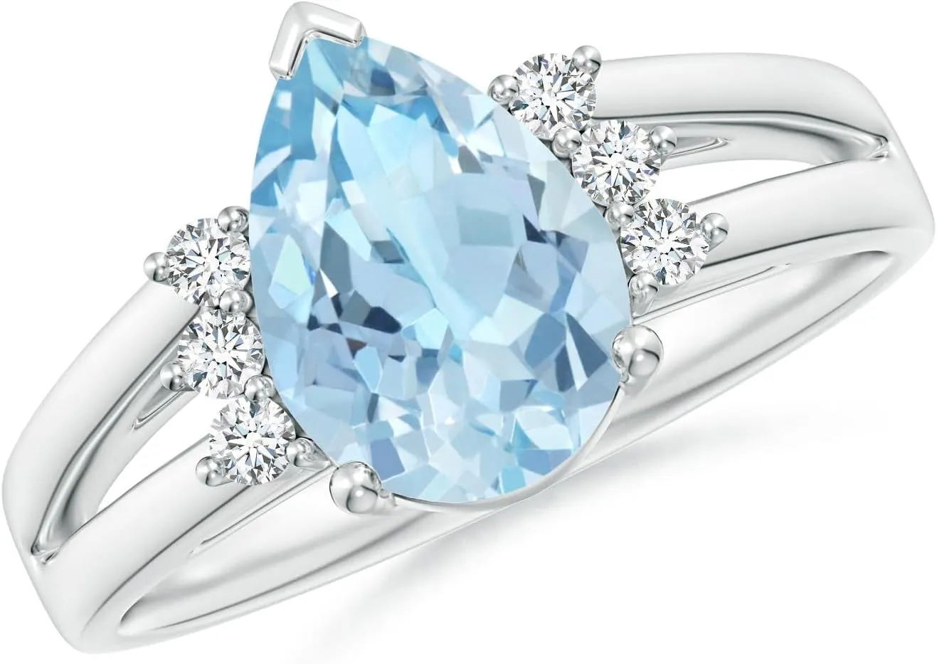 Angara Natural Pear Aquamarine Ring with Triple Diamond Accents in 14K Solid Gold/Platinum | March Birthstone, Birthday, Engagement, Anniversary, Wedding Jewelry Gift for Women