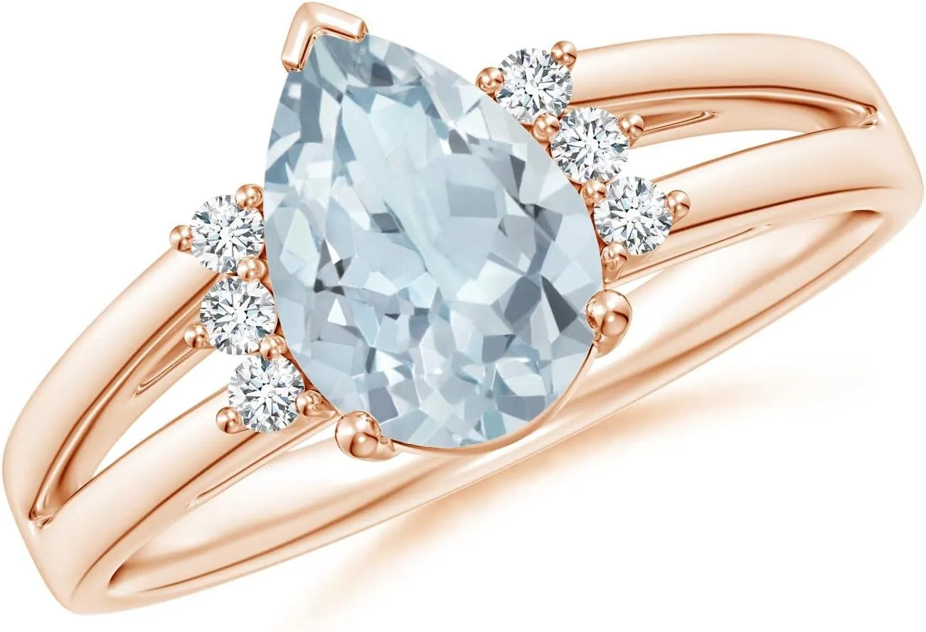 Angara Natural Pear Aquamarine Ring with Triple Diamond Accents in 14K Solid Gold/Platinum | March Birthstone, Birthday, Engagement, Anniversary, Wedding Jewelry Gift for Women