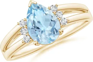 Angara Natural Pear Aquamarine Ring with Triple Diamond Accents in 14K Solid Gold/Platinum | March Birthstone, Birthday, Engagement, Anniversary, Wedding Jewelry Gift for Women