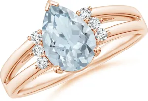 Angara Natural Pear Aquamarine Ring with Triple Diamond Accents in 14K Solid Gold/Platinum | March Birthstone, Birthday, Engagement, Anniversary, Wedding Jewelry Gift for Women