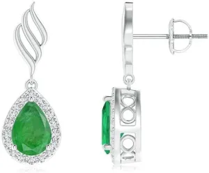 ANGARA Natural Pear Emerald Halo Drop Earrings with Trio Swirls in 14K Solid Gold/Platinum | May Birthstone, Birthday, Engagement, Anniversary, Wedding Jewelry Gift for Women