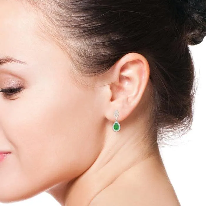 ANGARA Natural Pear Emerald Halo Drop Earrings with Trio Swirls in 14K Solid Gold/Platinum | May Birthstone, Birthday, Engagement, Anniversary, Wedding Jewelry Gift for Women