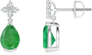 ANGARA Natural Pear-Shaped Emerald Drop Earrings with Diamonds in 14K Solid Gold/Platinum | May Birthstone, Birthday, Engagement, Anniversary, Wedding Jewelry Gift for Women