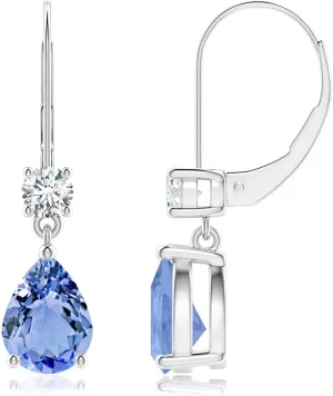 ANGARA Natural Pear Tanzanite Leverback Drop Earrings with Diamond in 14K Solid Gold/Platinum | December Birthstone, Birthday, Engagement, Anniversary, Wedding Jewelry Gift for Women