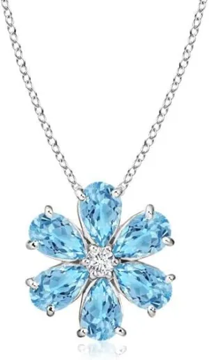 Angara Natural Swiss Blue Topaz Flower Cluster Pendant with Diamond in 14K Solid Gold/Platinum | November Birthstone, Birthday, Engagement, Anniversary, Wedding Jewelry Gift for Women