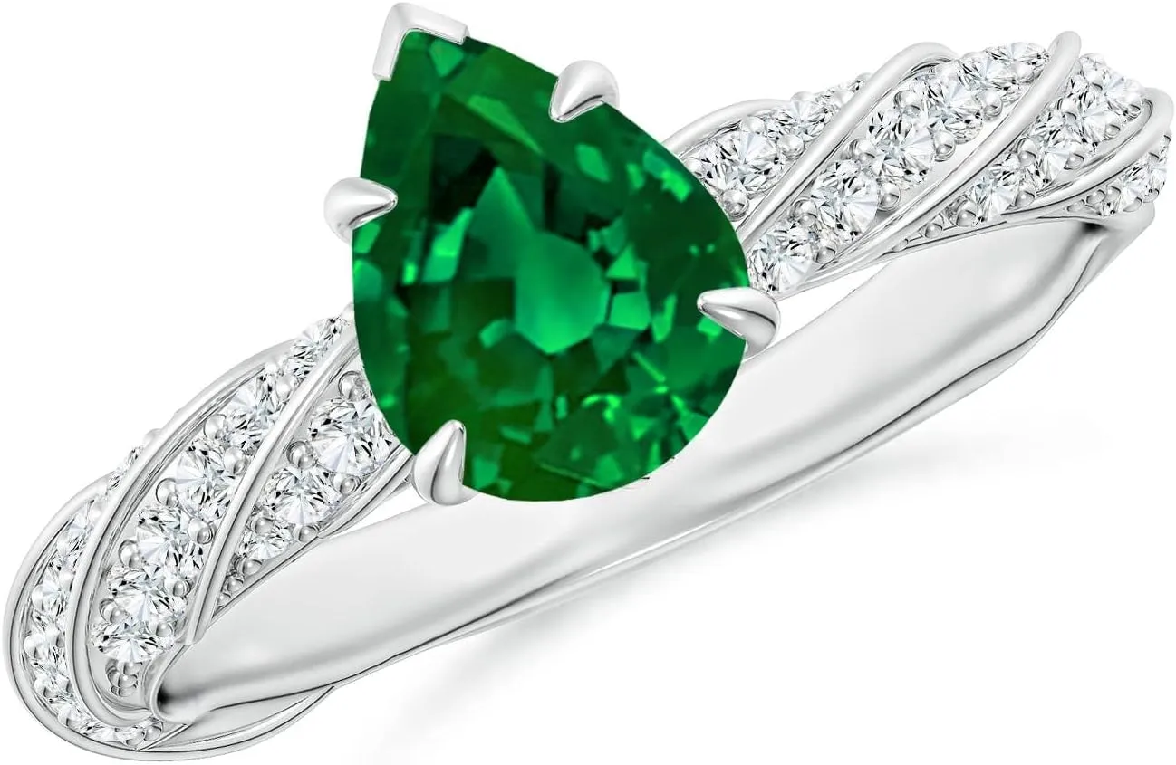 Angara Pear Lab Grown Emerald Twisted Rope Shank Engagement Ring in 14K Solid Gold/Platinum | May Birthstone, Birthday, Anniversary, Wedding Jewelry Gift for Women