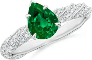 Angara Pear Lab Grown Emerald Twisted Rope Shank Engagement Ring in 14K Solid Gold/Platinum | May Birthstone, Birthday, Anniversary, Wedding Jewelry Gift for Women