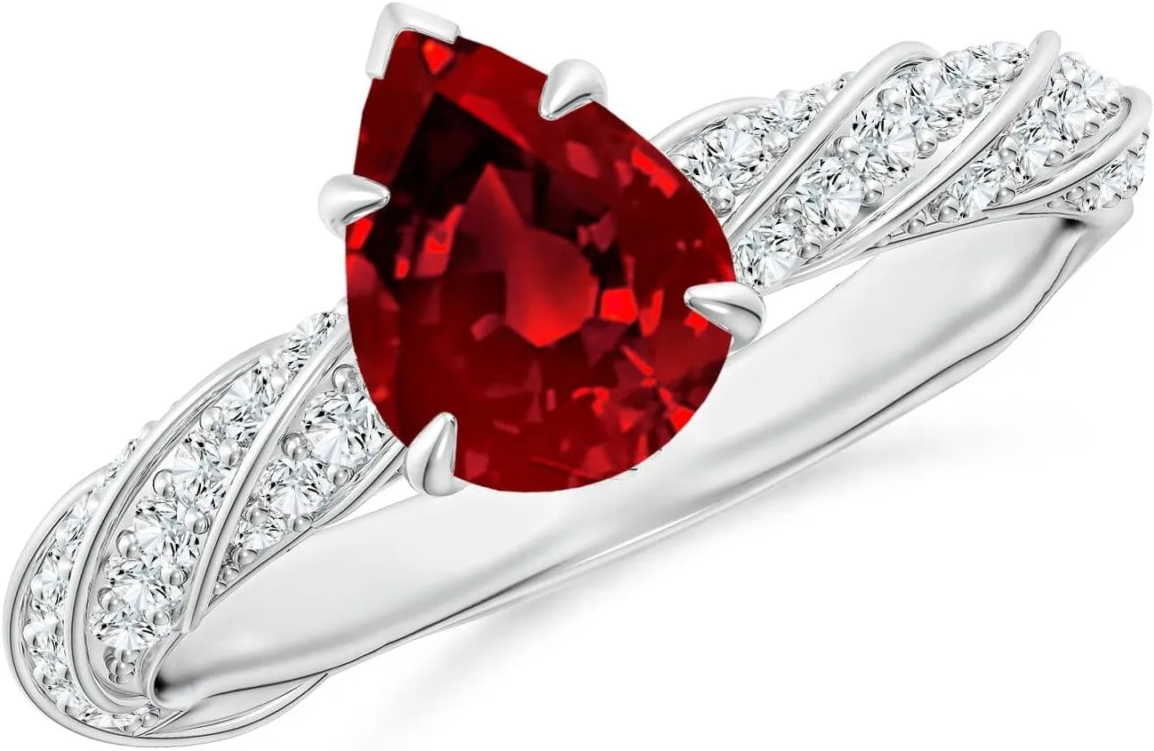 Angara Pear Lab Grown Ruby Twisted Rope Shank Engagement Ring in 14K Solid Gold/Platinum | July Birthstone, Birthday, Anniversary, Wedding Jewelry Gift for Women