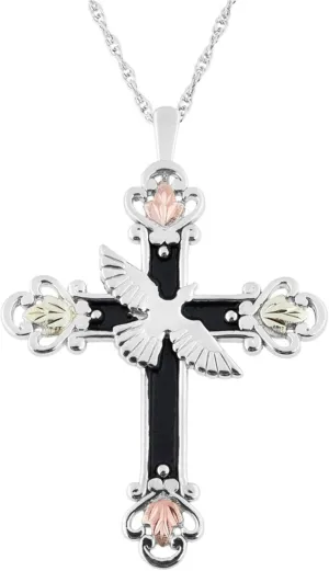 Antiqued Dove Cross Pendant Necklace, Sterling Silver with 12k Rose & Green Black Hills Gold, 18 Inch Chain, Gift Box Included