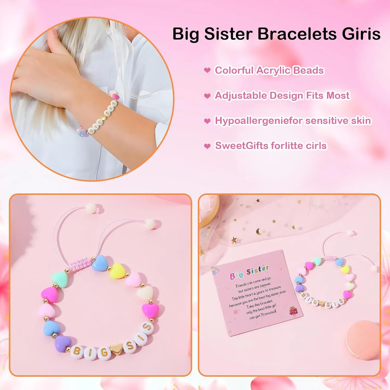 Artlunar Big Sister Bracelet, Colorful Little Girls' Sister Jewelry, Letter Beads Bracelet, Sister Jewelry Gifts for Daughter Granddaughter Niece Big Sister Girls