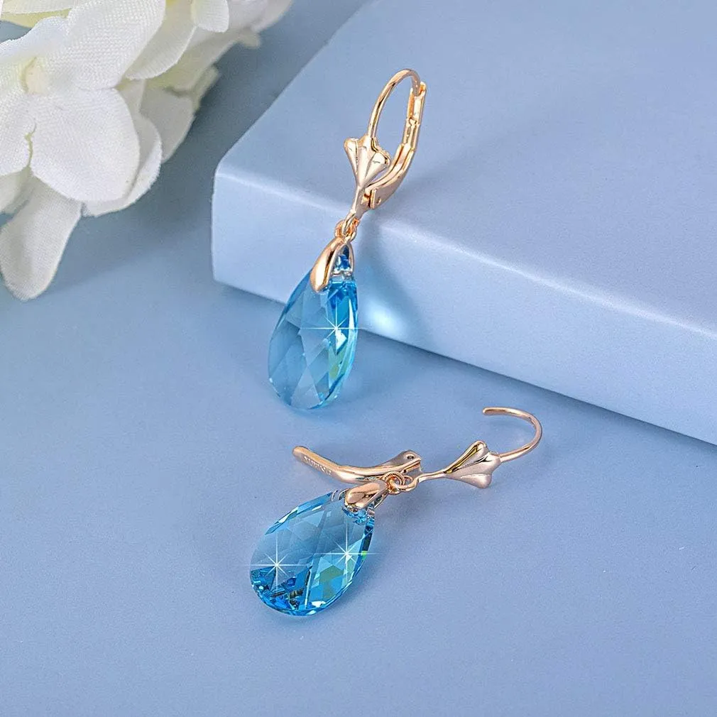 Austrian Crystal Teardrop Leverback Dangle Earrings for Women Fashion 14K Gold Plated Hypoallergenic Jewelry