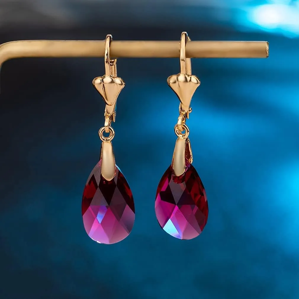 Austrian Crystal Teardrop Leverback Dangle Earrings for Women Fashion 14K Gold Plated Hypoallergenic Jewelry