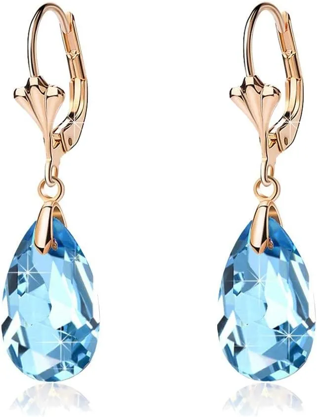 Austrian Crystal Teardrop Leverback Dangle Earrings for Women Fashion 14K Gold Plated Hypoallergenic Jewelry