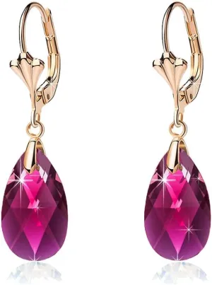 Austrian Crystal Teardrop Leverback Dangle Earrings for Women Fashion 14K Gold Plated Hypoallergenic Jewelry