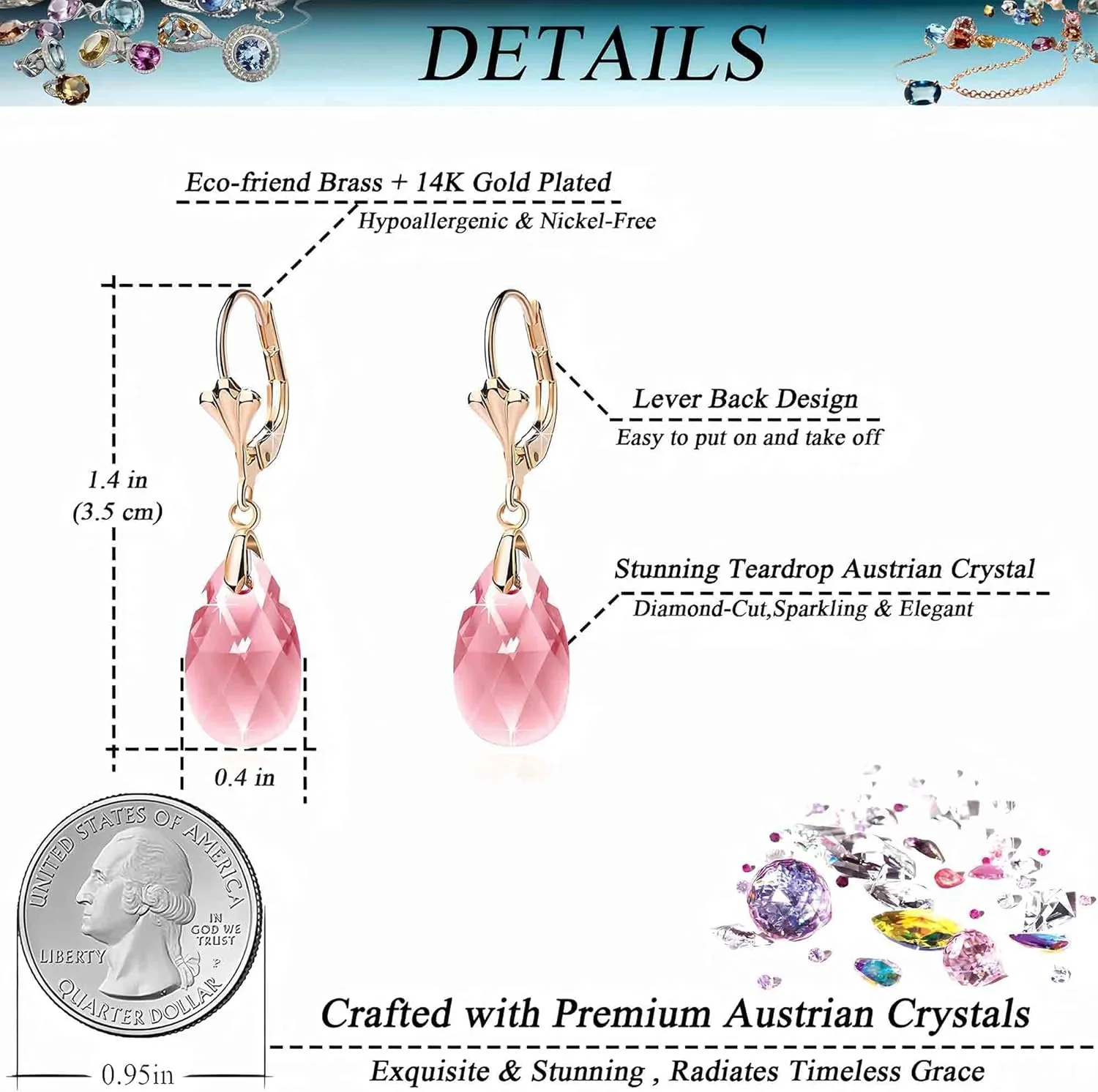 Austrian Crystal Teardrop Leverback Dangle Earrings for Women Fashion 14K Gold Plated Hypoallergenic Jewelry