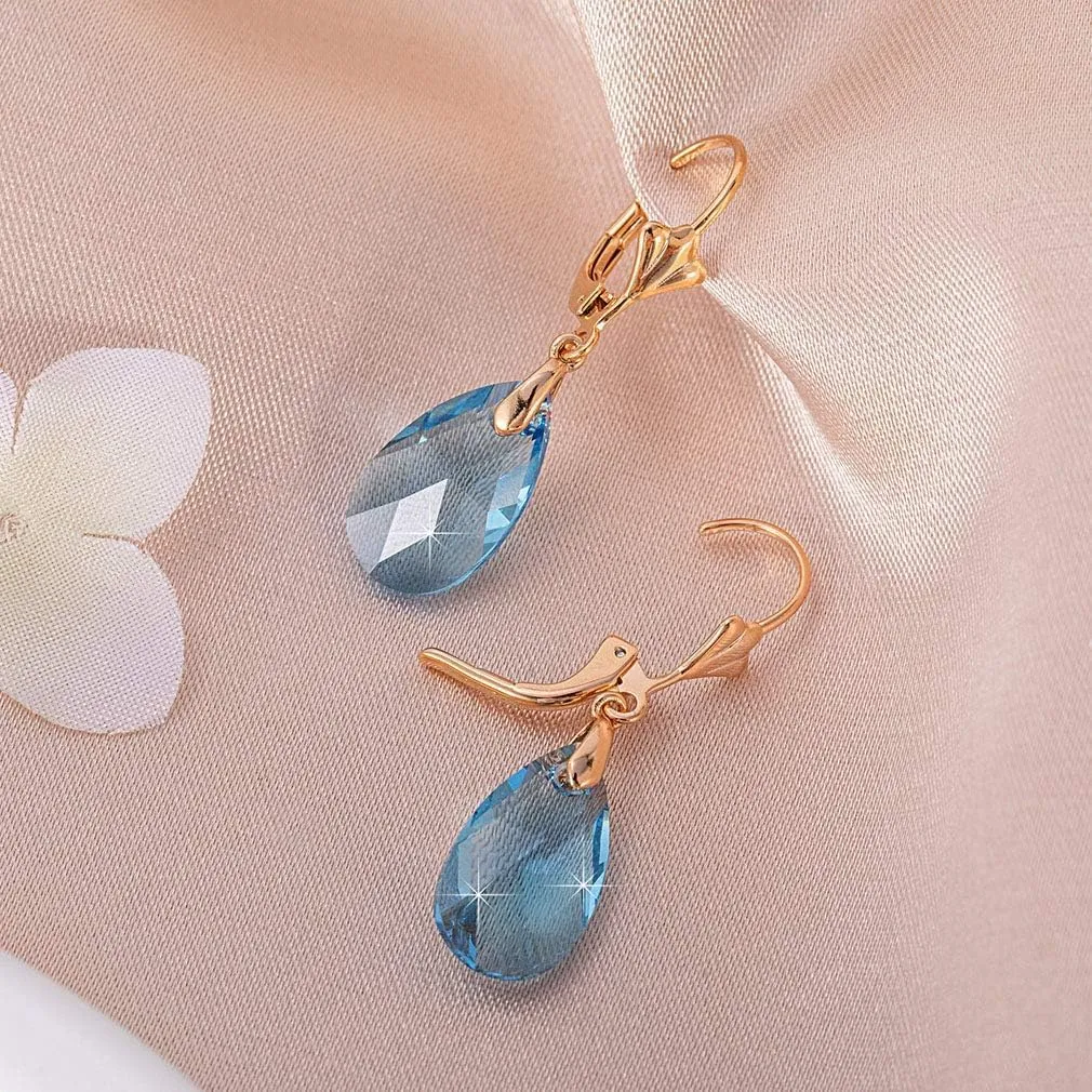 Austrian Crystal Teardrop Leverback Dangle Earrings for Women Fashion 14K Gold Plated Hypoallergenic Jewelry