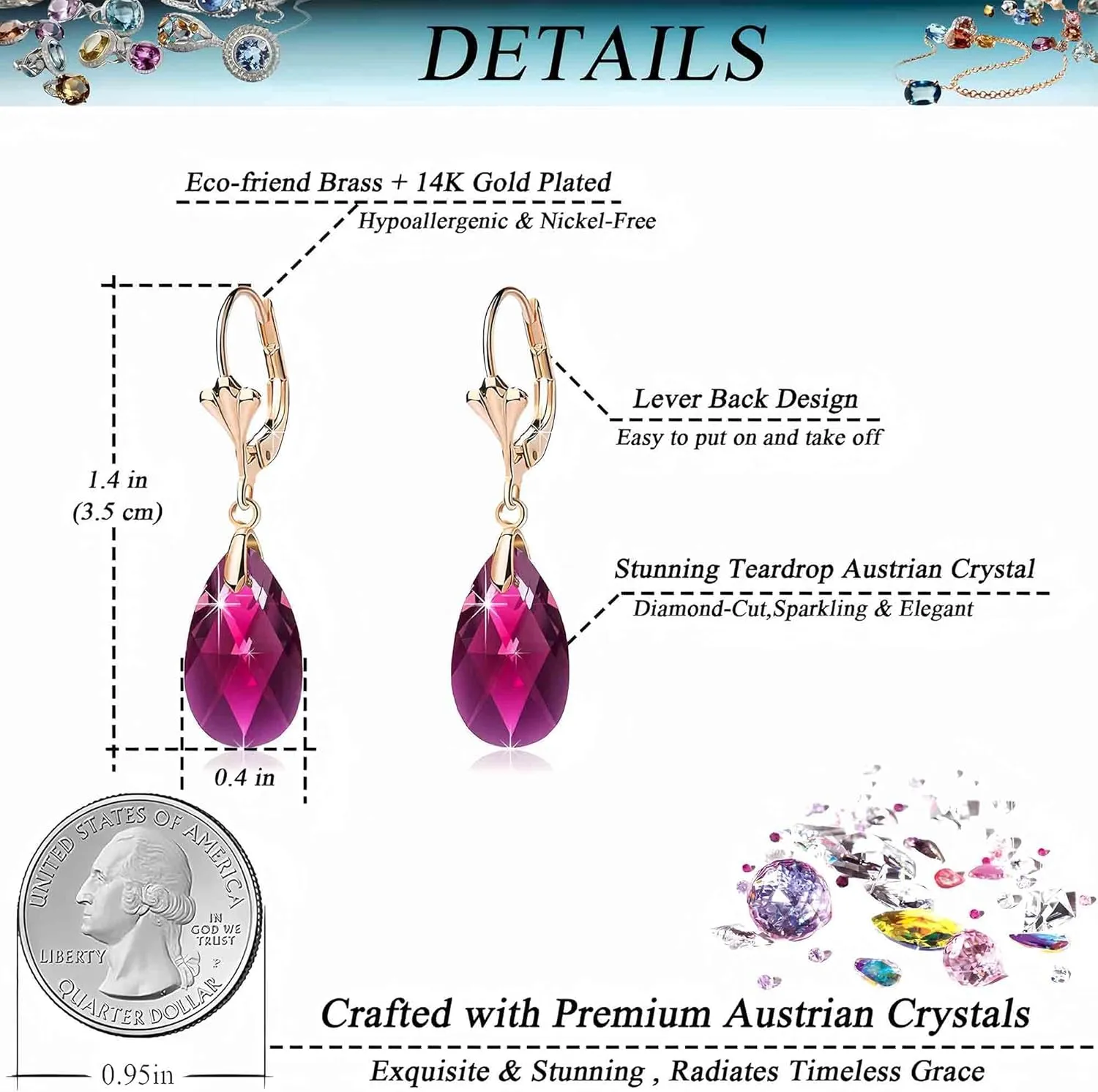 Austrian Crystal Teardrop Leverback Dangle Earrings for Women Fashion 14K Gold Plated Hypoallergenic Jewelry