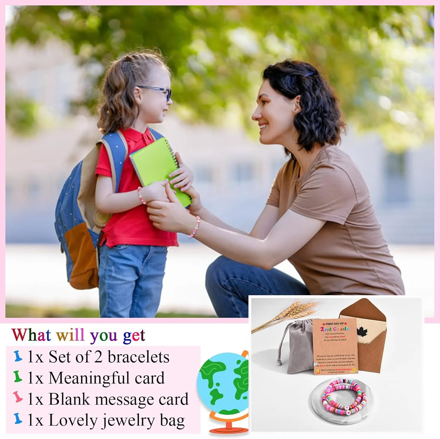 Back to School/First Day of School Bracelet Gifts, First Day of Kindergarten Preschool First/Second Grade Bracelet Gifts, Set of 2 Colorful Elastic Rope Bracelet for Girls