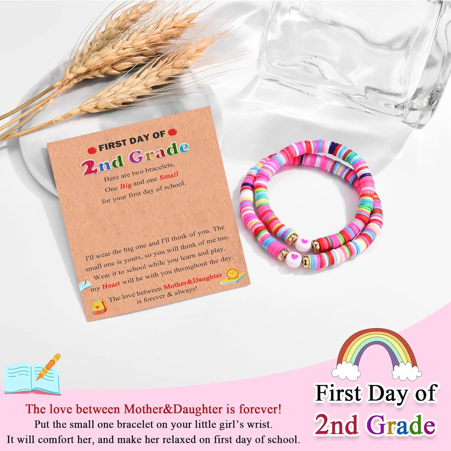 Back to School/First Day of School Bracelet Gifts, First Day of Kindergarten Preschool First/Second Grade Bracelet Gifts, Set of 2 Colorful Elastic Rope Bracelet for Girls