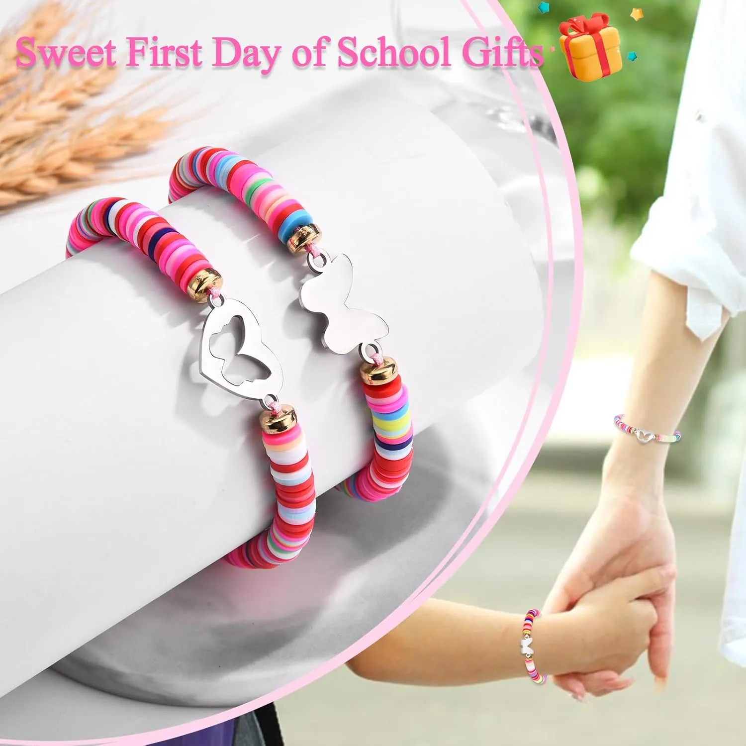 Back to School/First Day of School Bracelet Gifts, First Day of Kindergarten Preschool First/Second Grade Bracelet Gifts, Set of 2 Colorful Matching Butterfly Bracelet for Mom and Daughter