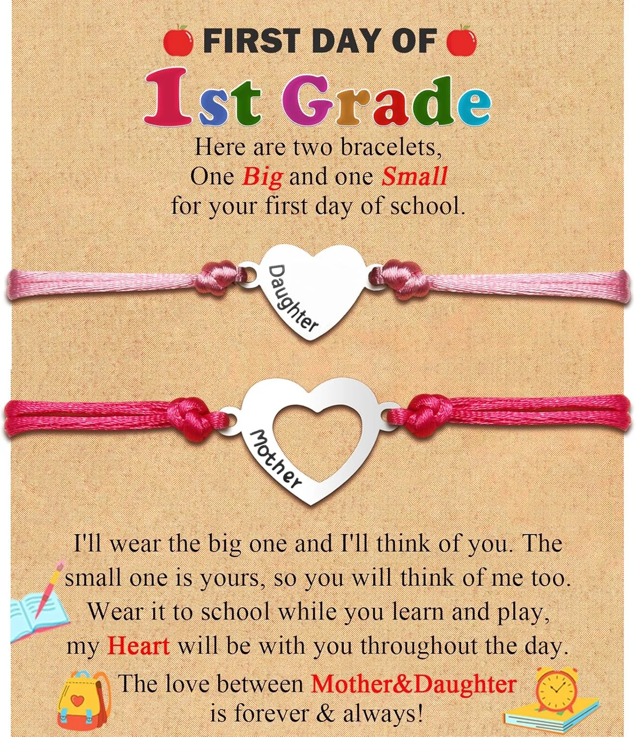 Back to School/First Day of School Bracelet Gifts, First Day of Kindergarten Preschool First/Second Grade Bracelet Gifts, Set of 2 Matching Mother and Daughter Heart Bracelets for Mom and Daughter