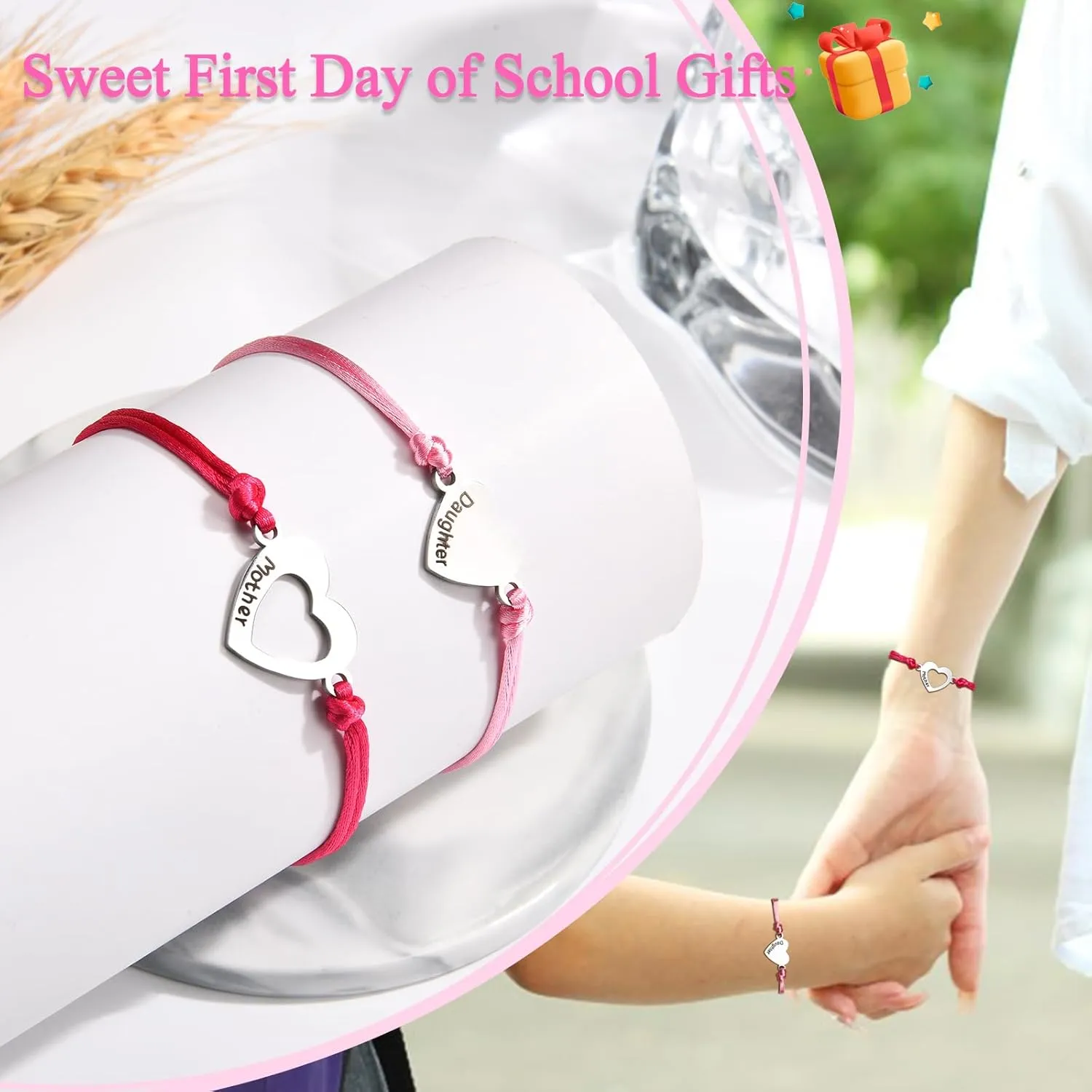Back to School/First Day of School Bracelet Gifts, First Day of Kindergarten Preschool First/Second Grade Bracelet Gifts, Set of 2 Matching Mother and Daughter Heart Bracelets for Mom and Daughter