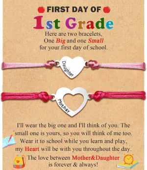 Back to School/First Day of School Bracelet Gifts, First Day of Kindergarten Preschool First/Second Grade Bracelet Gifts, Set of 2 Matching Mother and Daughter Heart Bracelets for Mom and Daughter