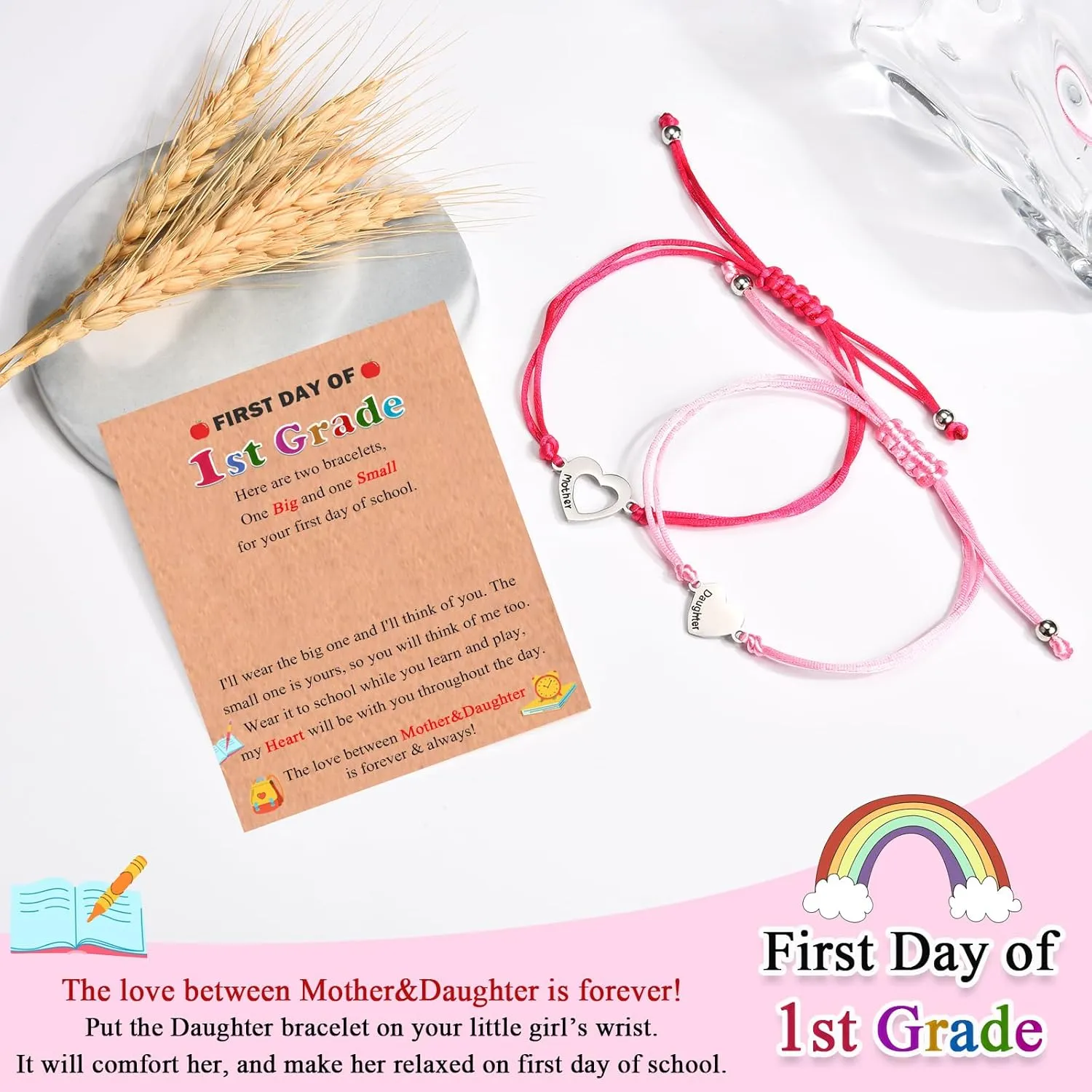 Back to School/First Day of School Bracelet Gifts, First Day of Kindergarten Preschool First/Second Grade Bracelet Gifts, Set of 2 Matching Mother and Daughter Heart Bracelets for Mom and Daughter