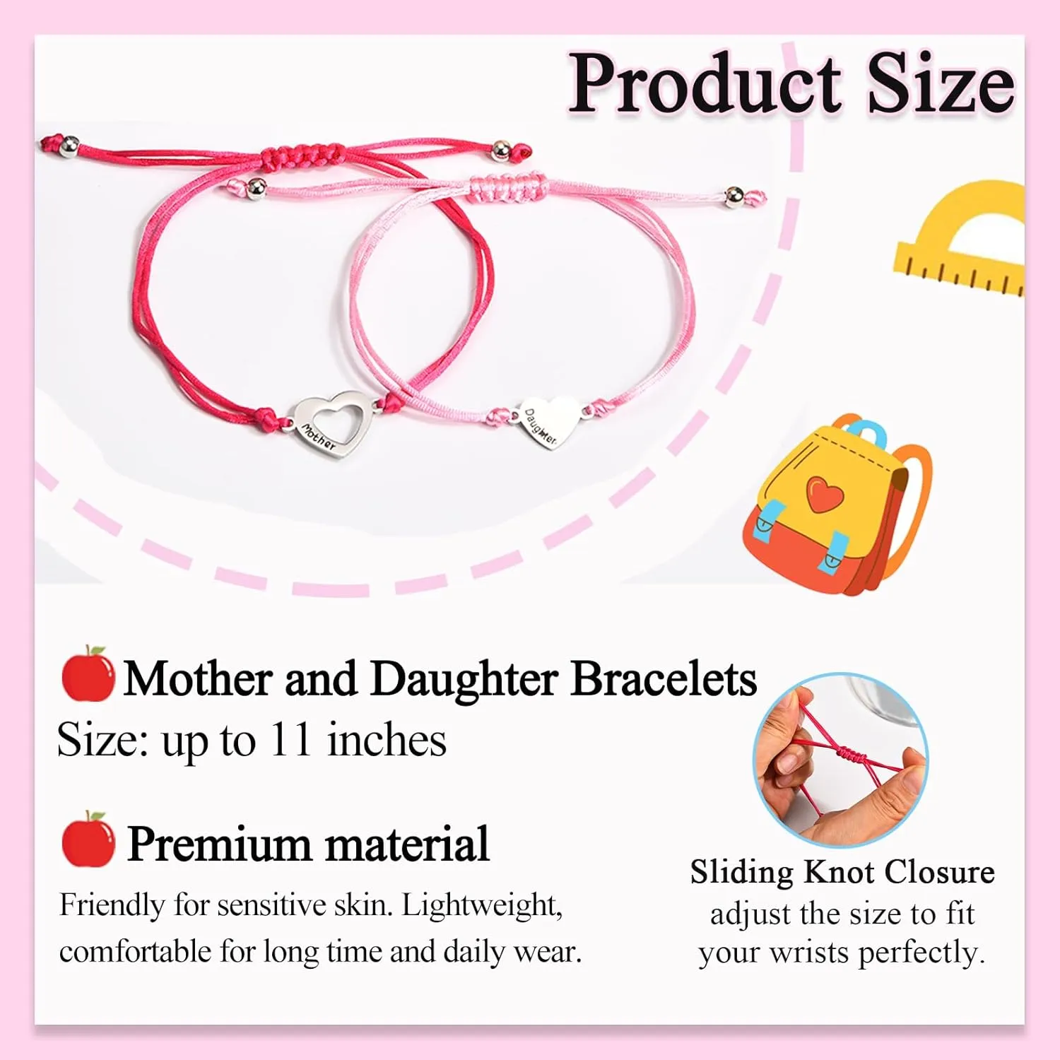 Back to School/First Day of School Bracelet Gifts, First Day of Kindergarten Preschool First/Second Grade Bracelet Gifts, Set of 2 Matching Mother and Daughter Heart Bracelets for Mom and Daughter