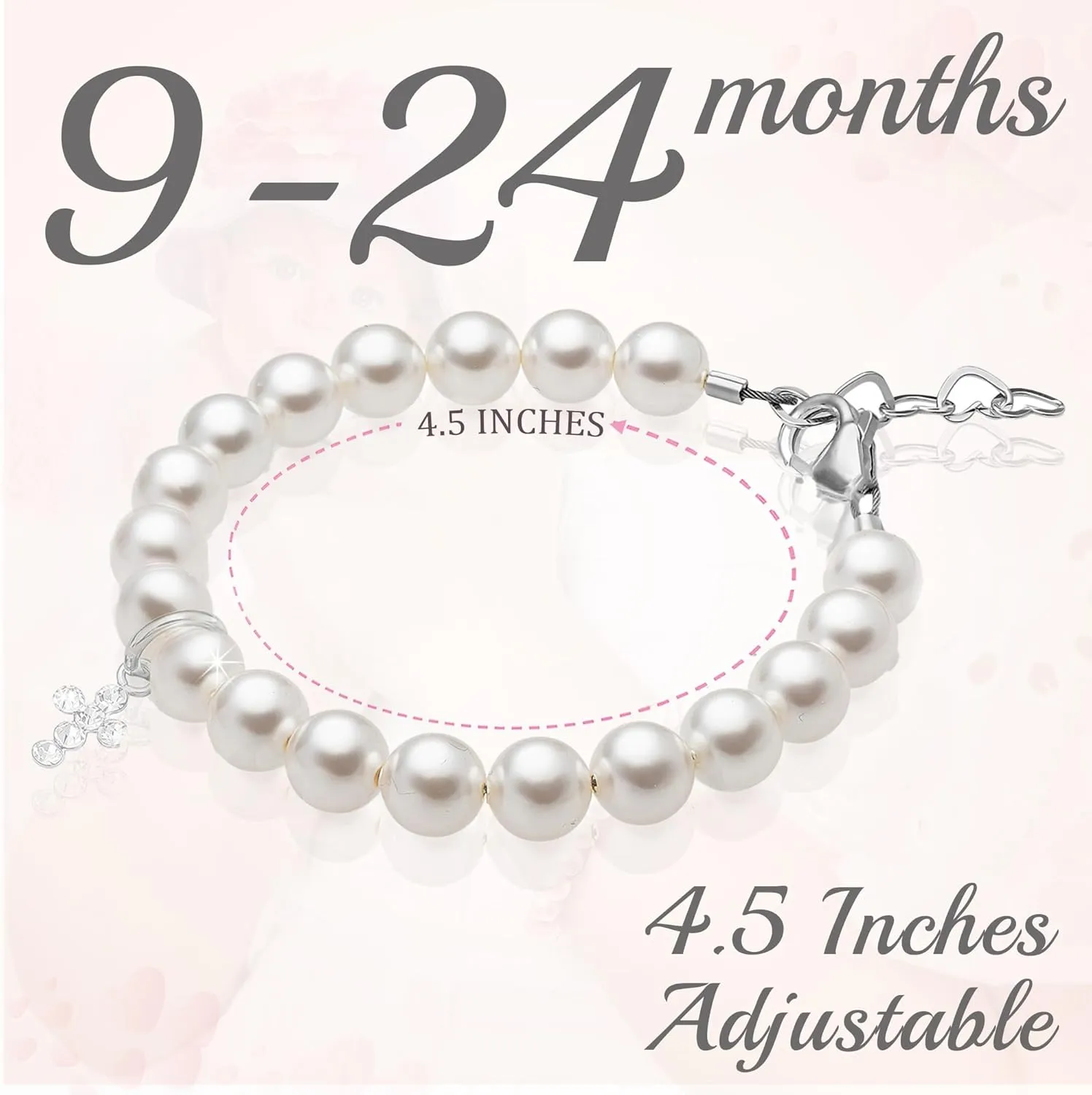 Baptism Pearl Bracelet for Girls, Sterling Silver Crystal Cross Charm, Baptism Gifts for Girl with white simulated Pearls and Crystals, elegant Girls Jewelry