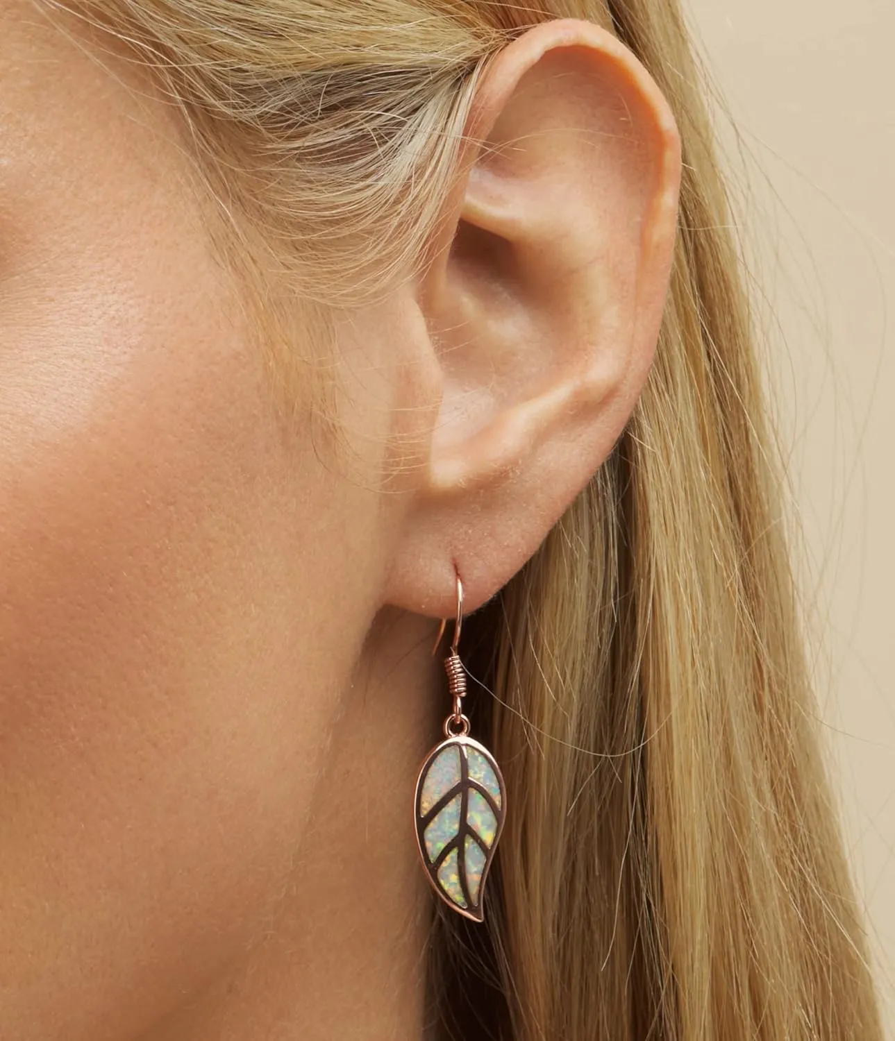 Barzel 18K White Gold/Rose Gold Plated Created White or Green Opal Leaf Drop Dangling Earrings
