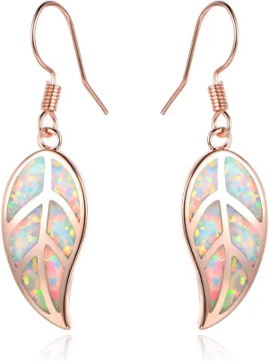 Barzel 18K White Gold/Rose Gold Plated Created White or Green Opal Leaf Drop Dangling Earrings